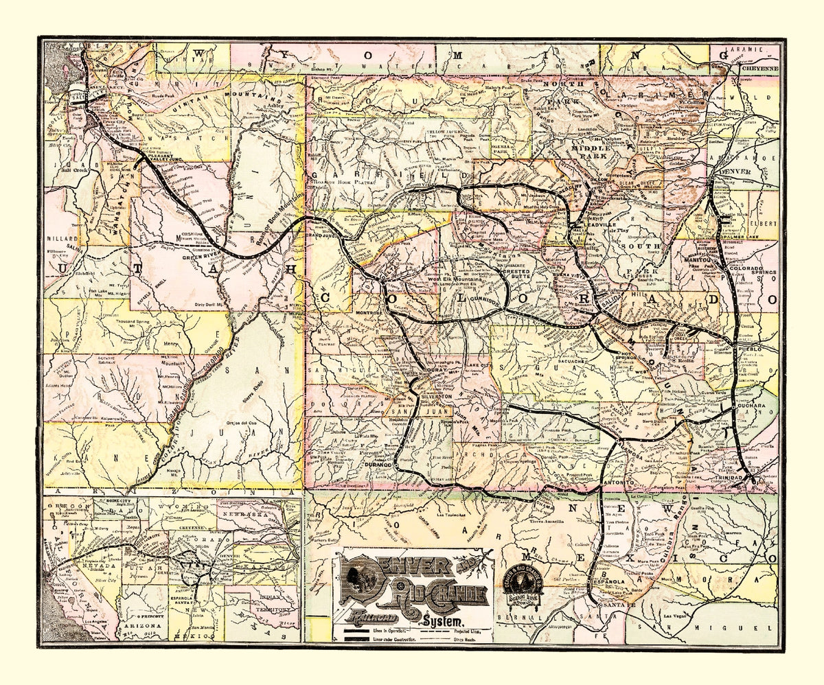 Preview of Vintage Map of Denver & Rio Grande Railroad System 1883