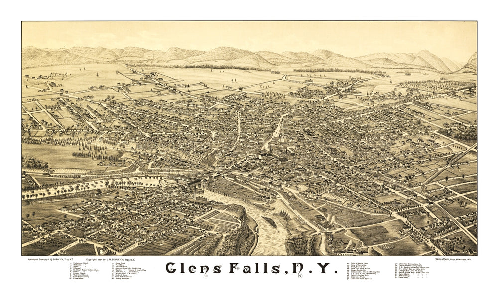Vintage Map of Glens Falls, New York 1884 print style example
