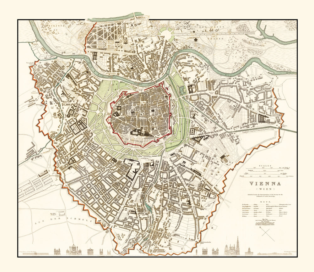 Vintage Map of Vienna, Austria 1833 print style example