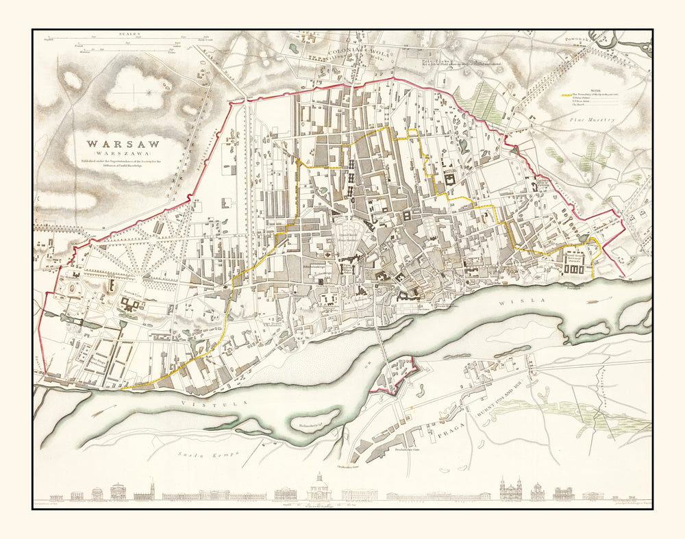 Vintage Map of Warsaw, Poland 1831 print style example