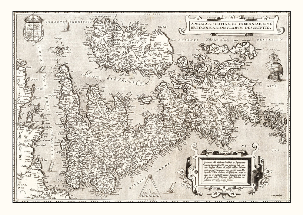 Vintage Map of England, Scotland, Ireland 1570 print style example