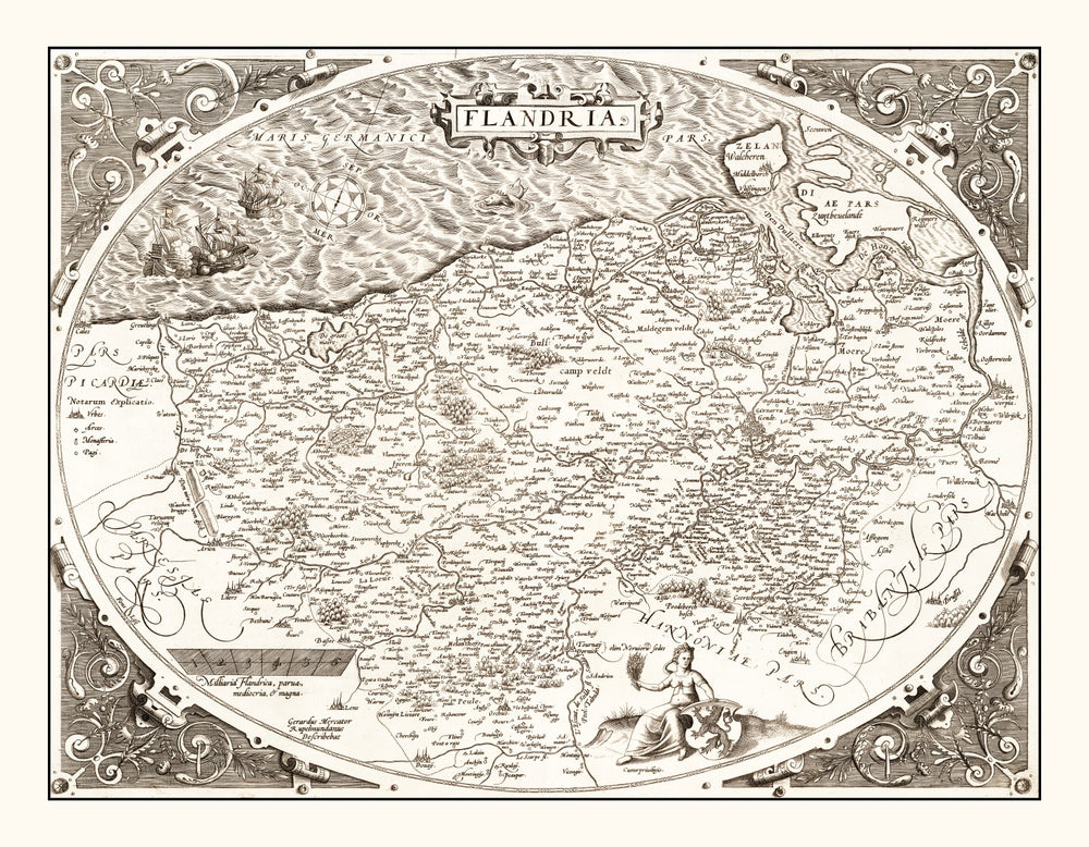Vintage Map of Flanders, Belgium 1570 print style example