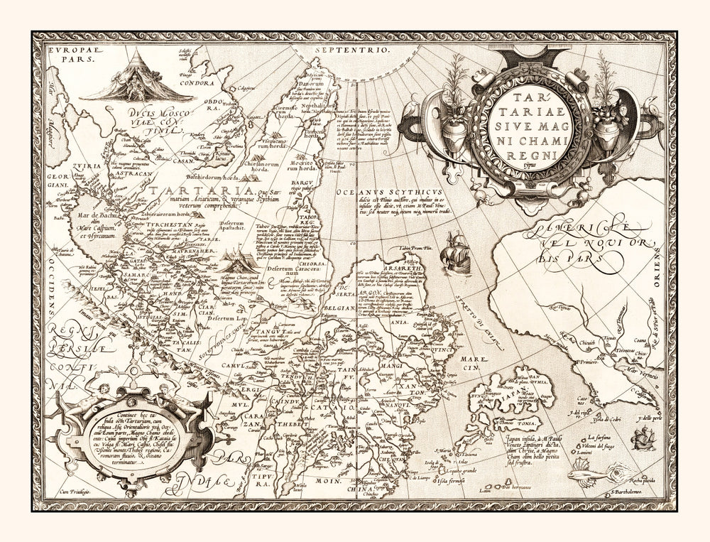 Vintage Map of Russia, Japan & China 1570 print style example