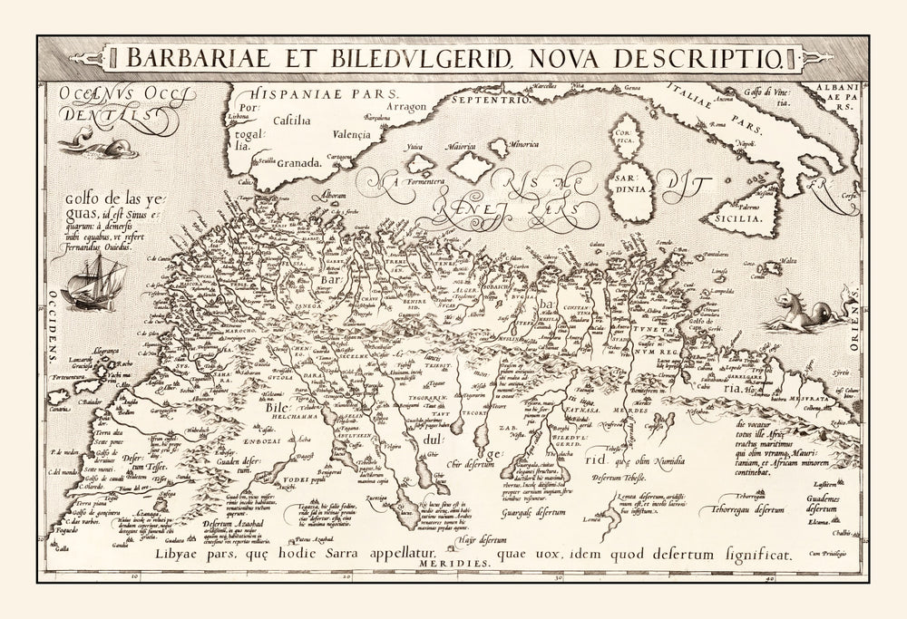 Vintage Map of North Africa & the Mediterranean Sea, 1570 print style example