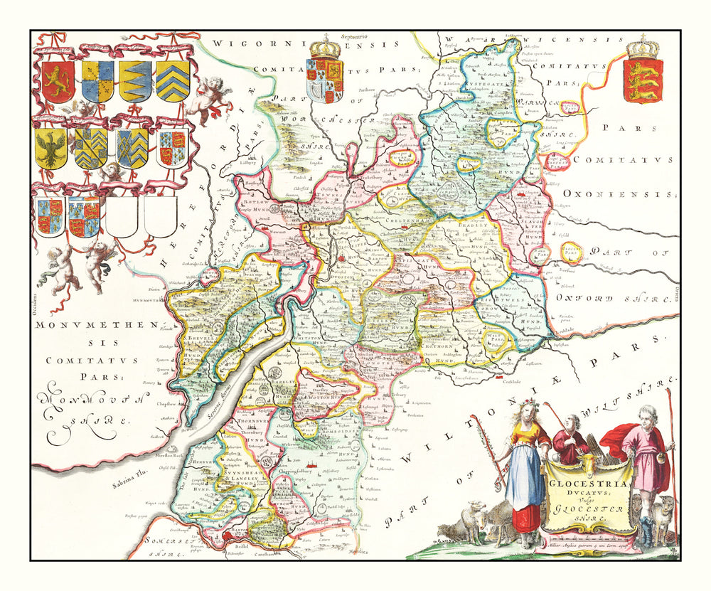 Vintage Map of Gloucestershire 1665 print style example