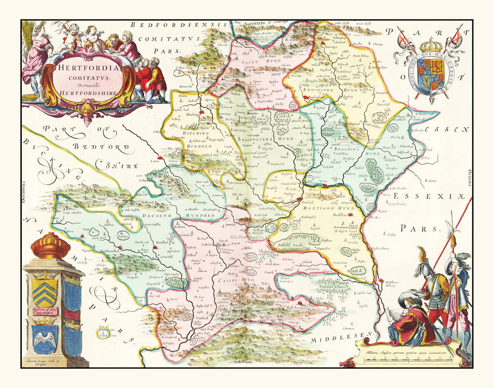 Vintage Map of Hertfordshire 1665 print style example