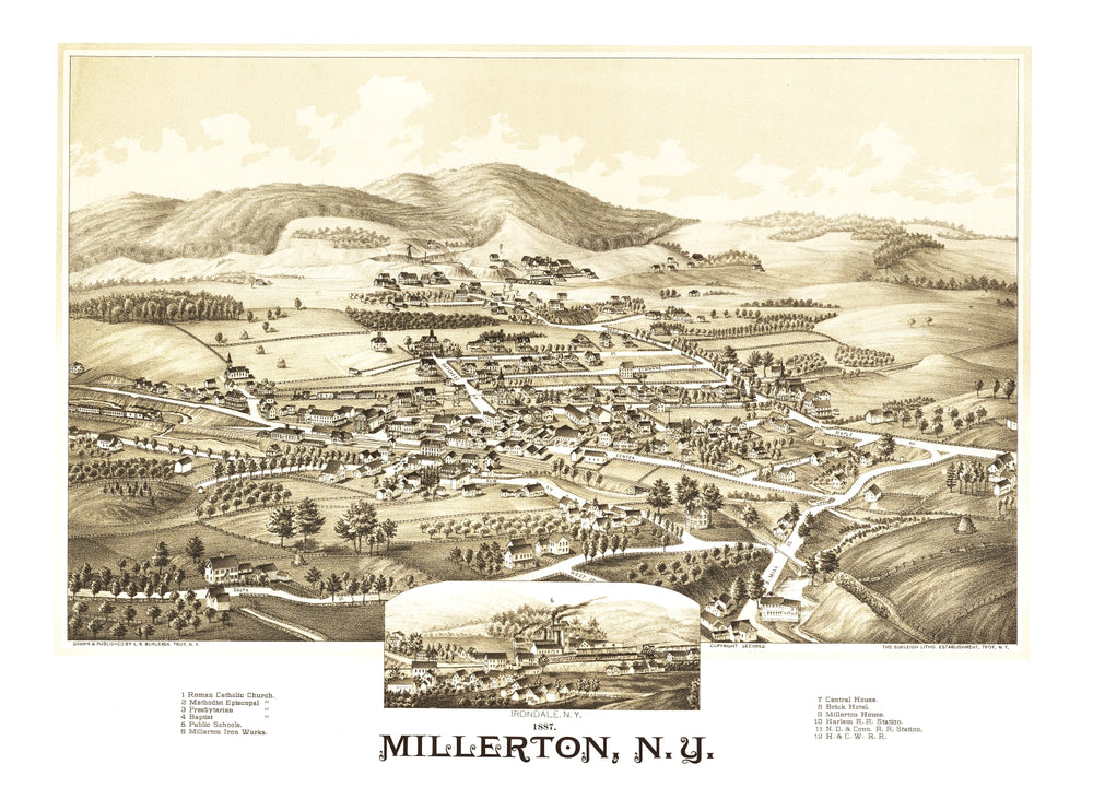 Vintage Map of Millerton, New York 1887 print style example