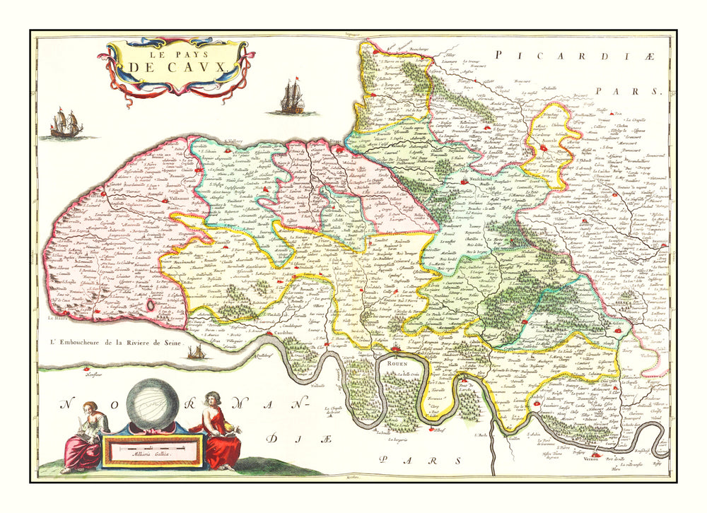 Vintage Map of Pays de Caux, France 1665 print style example