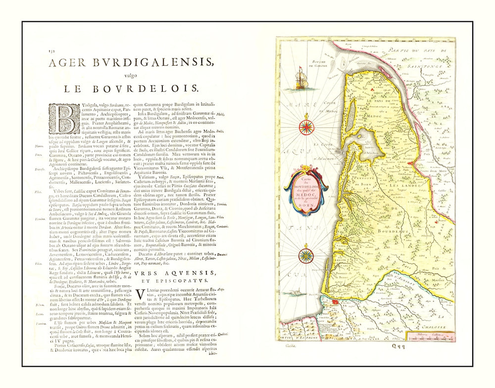 Vintage Map of Bordeaux, France 1665 print style example