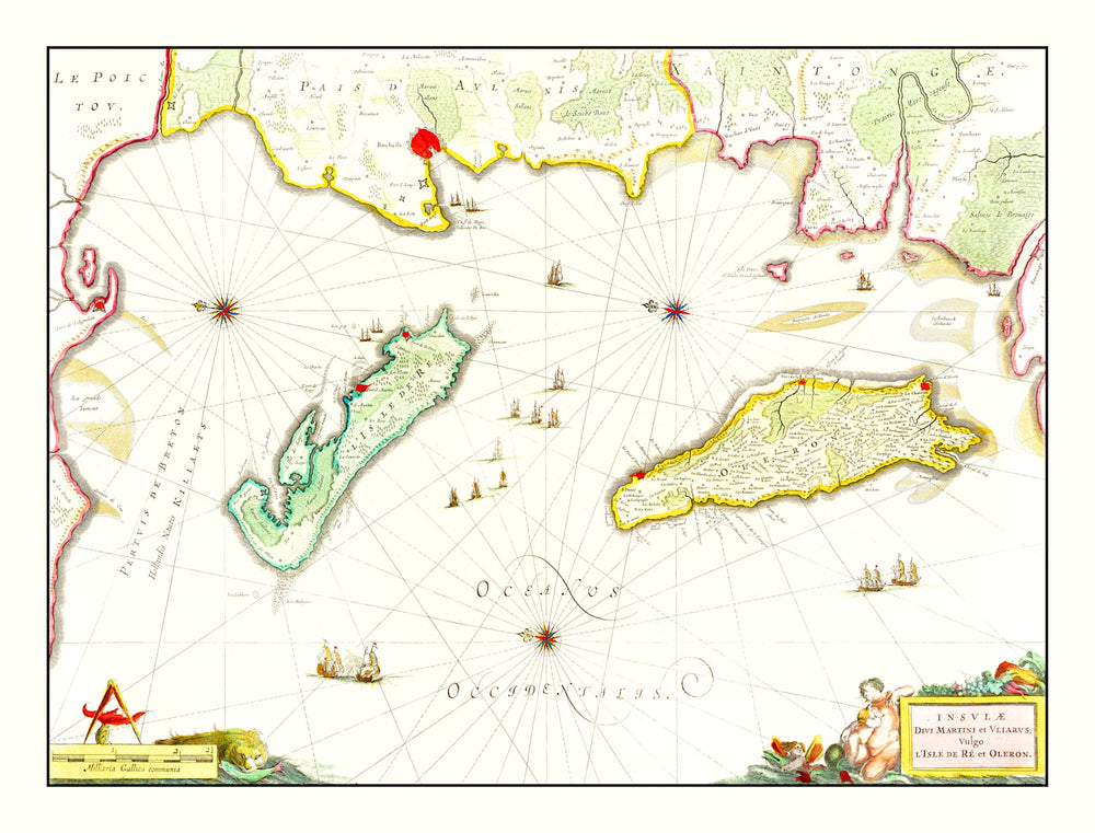 Vintage Map of Re & Oleron, France 1665 print style example
