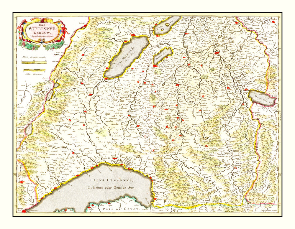 Vintage Map of Western Switzerland 1665 print style example