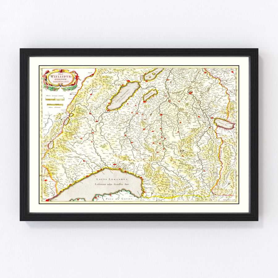 Vintage Map of Western Switzerland 1665