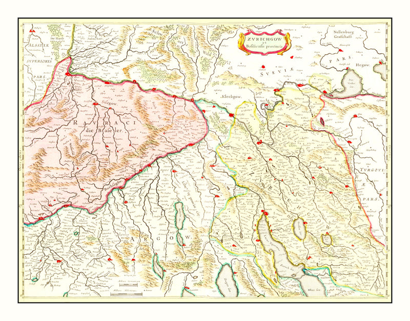 Size comparison using Vintage Map of Zurich Area of Switzerland 1665