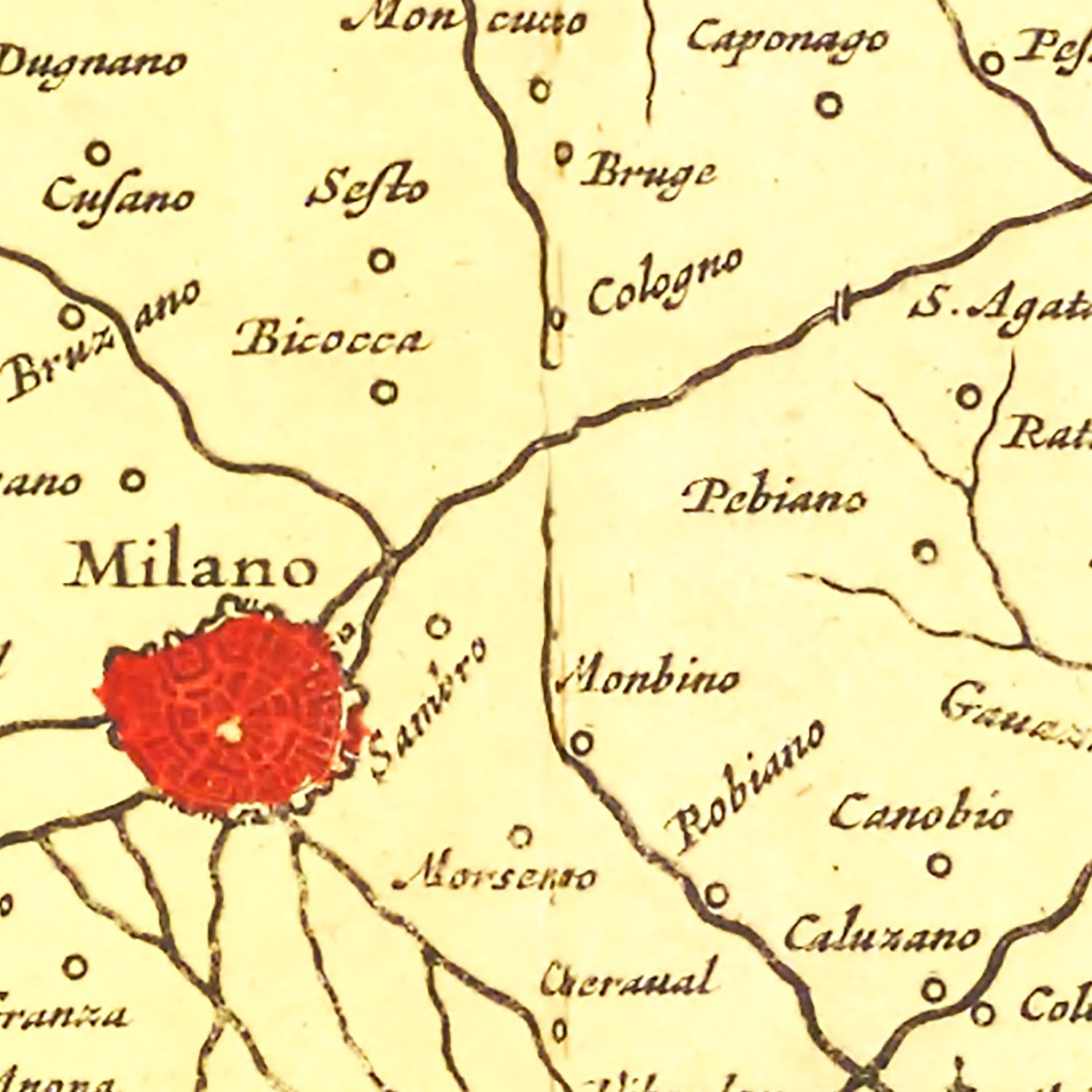 Restored historic details from the 1665 city map of Milan