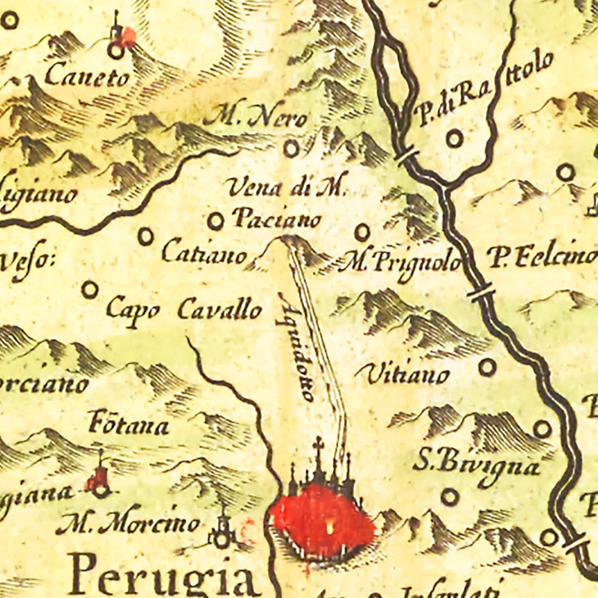Restored historic details from the 1665 city map of Perugia