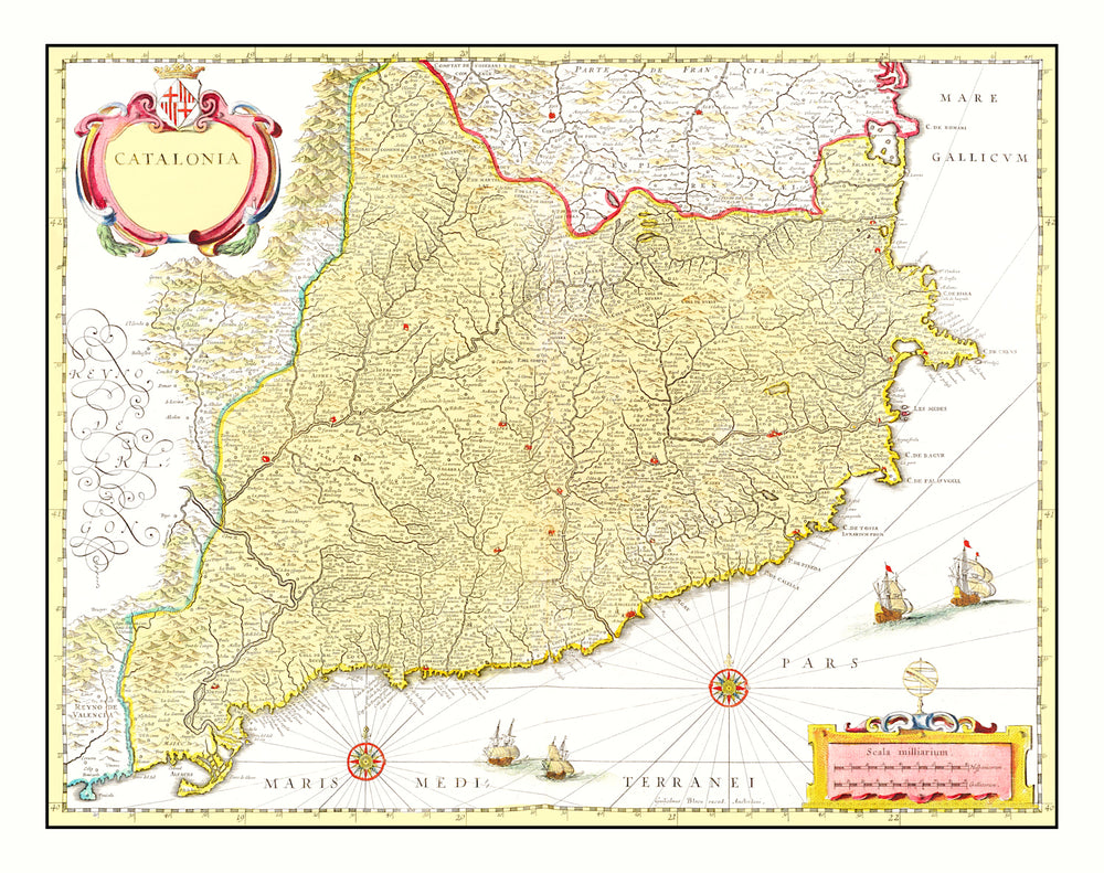 Vintage Map of Catalonia, Spain 1665 print style example