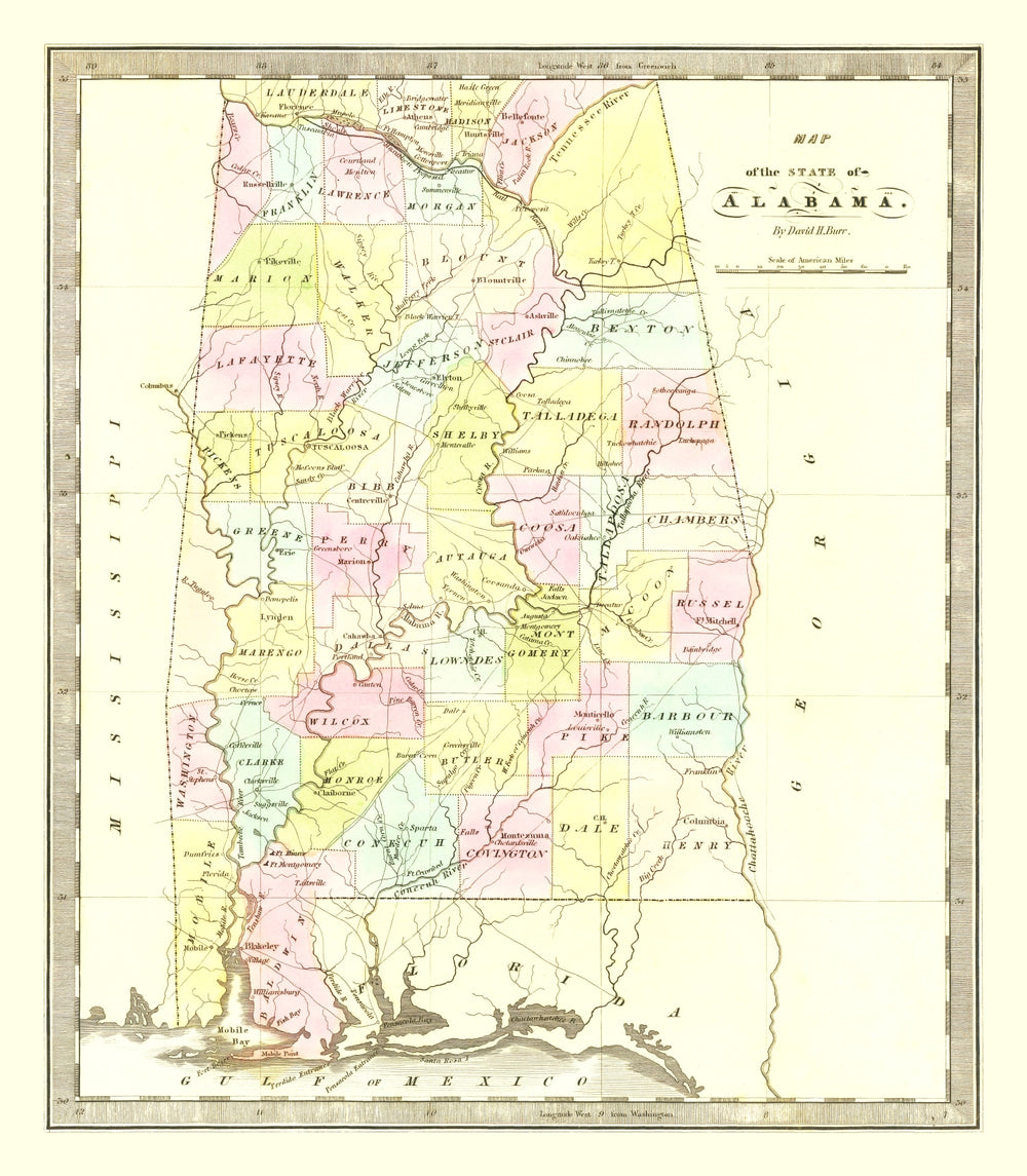 Vintage Map of Alabama 1834 print style example
