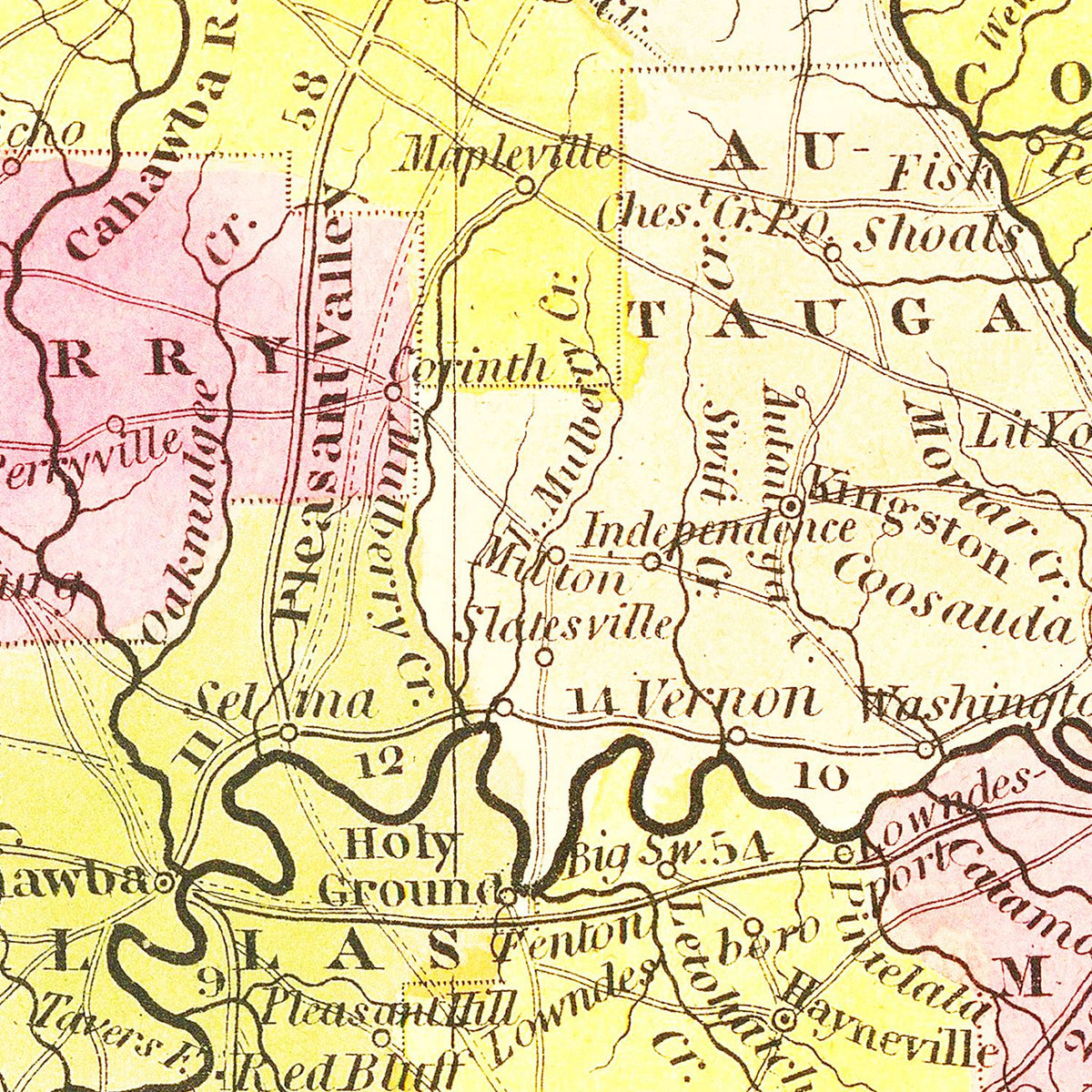 Restored historic details from the 1847 state map of County, Alabama