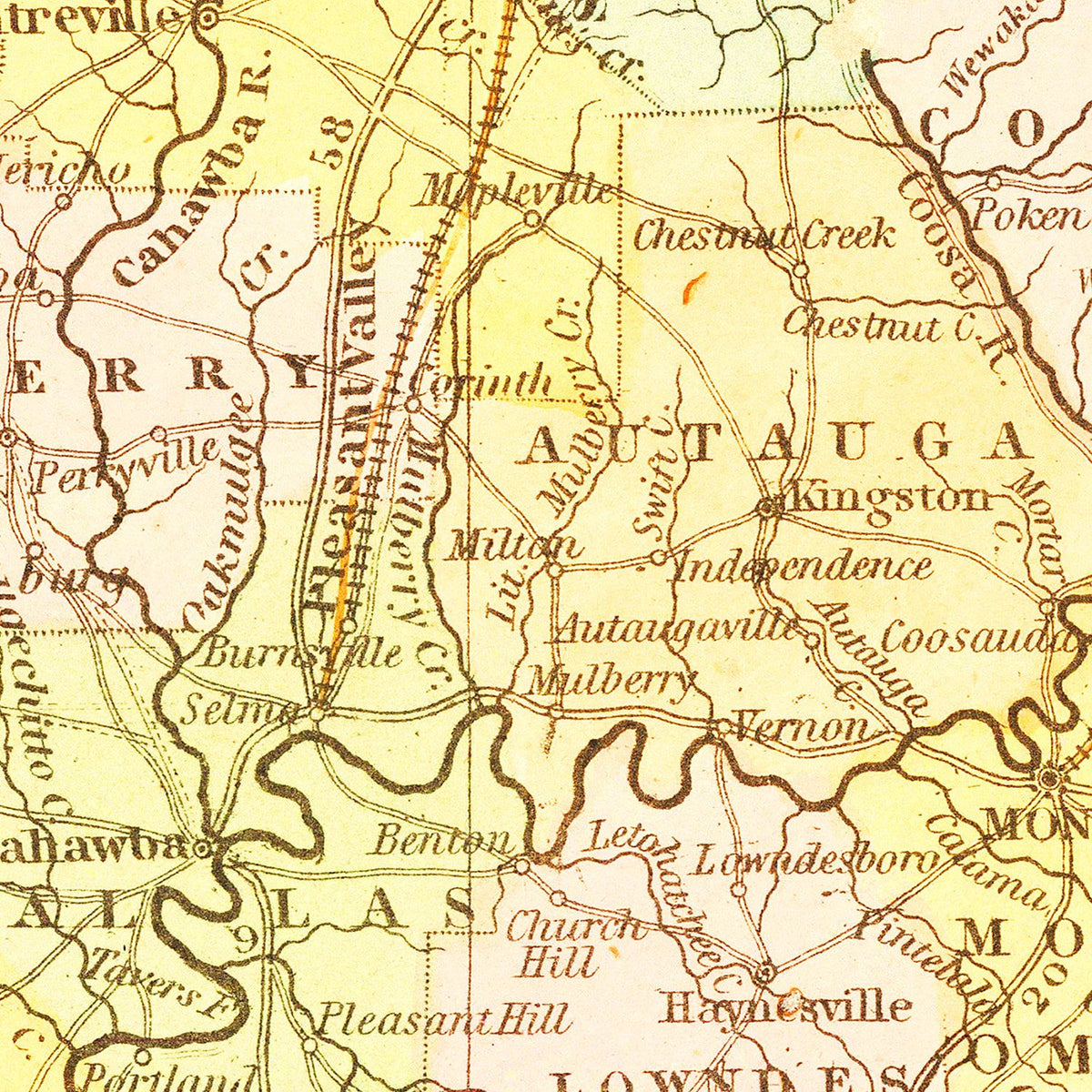 Restored historic details from the 1854 state map of County, Alabama