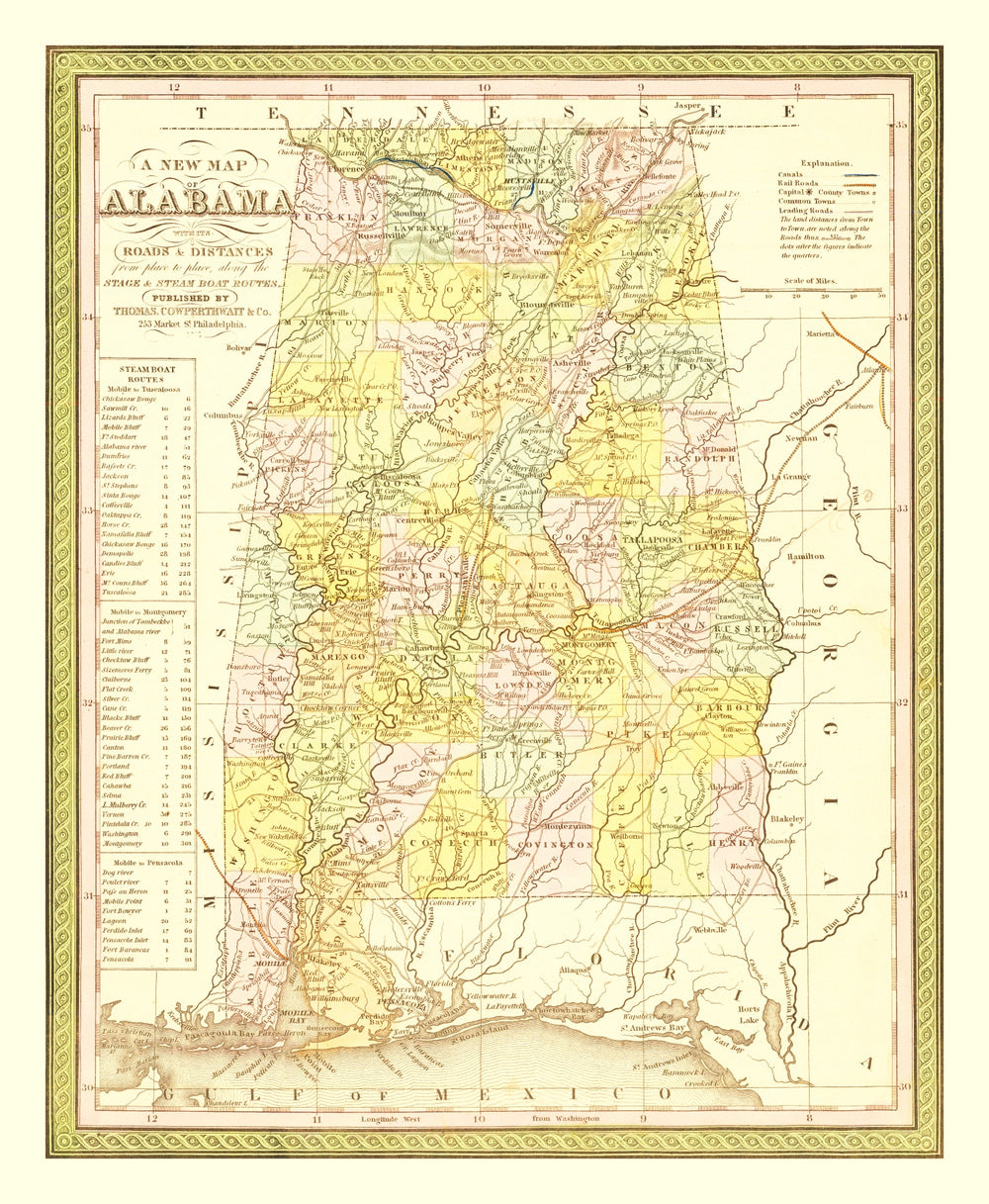 Vintage Map of Alabama 1854 print style example
