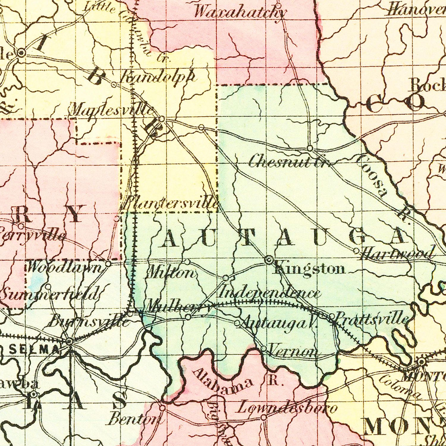 Restored historic details from the 1855 state map of County, Alabama