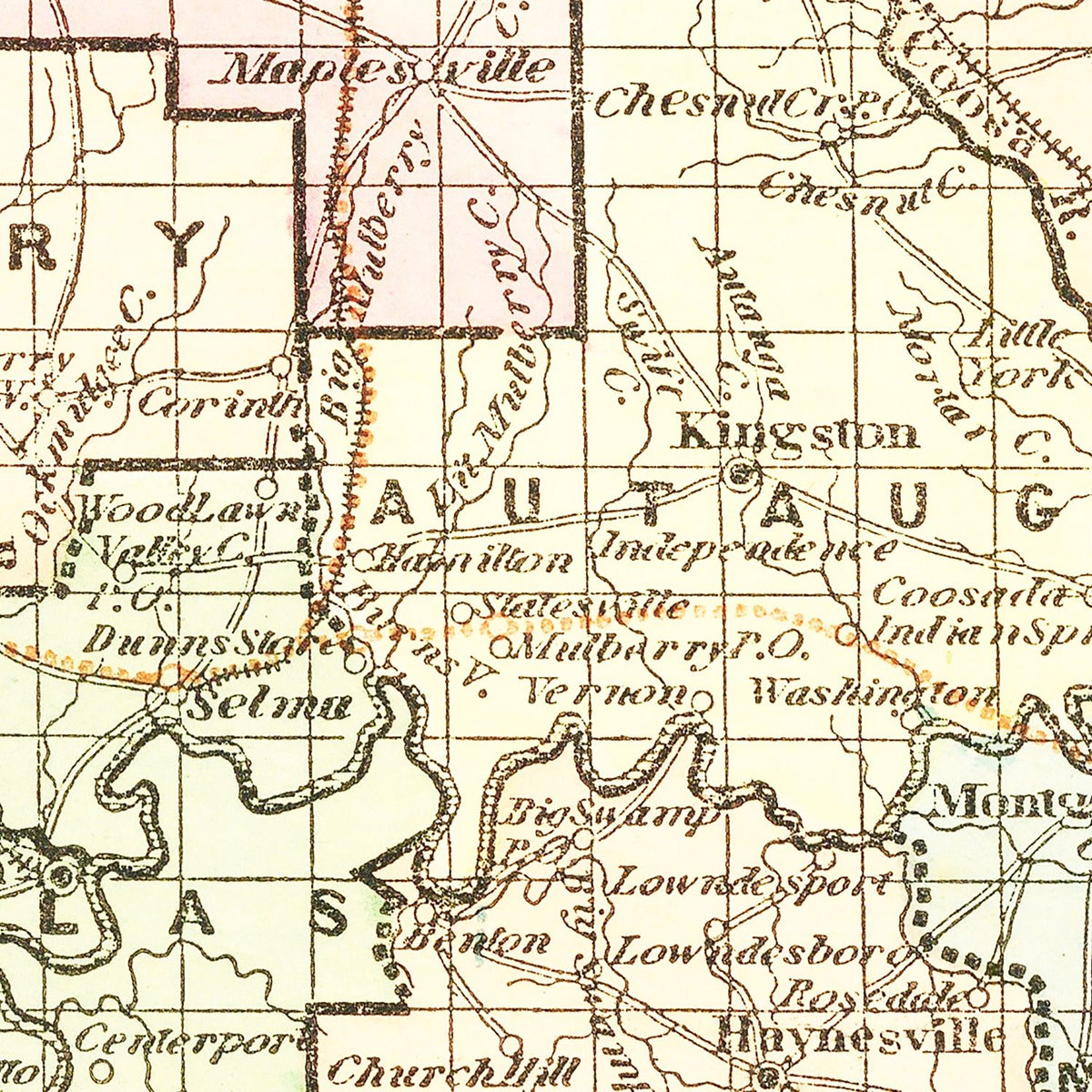 Restored historic details from the 1856 state map of County, Alabama