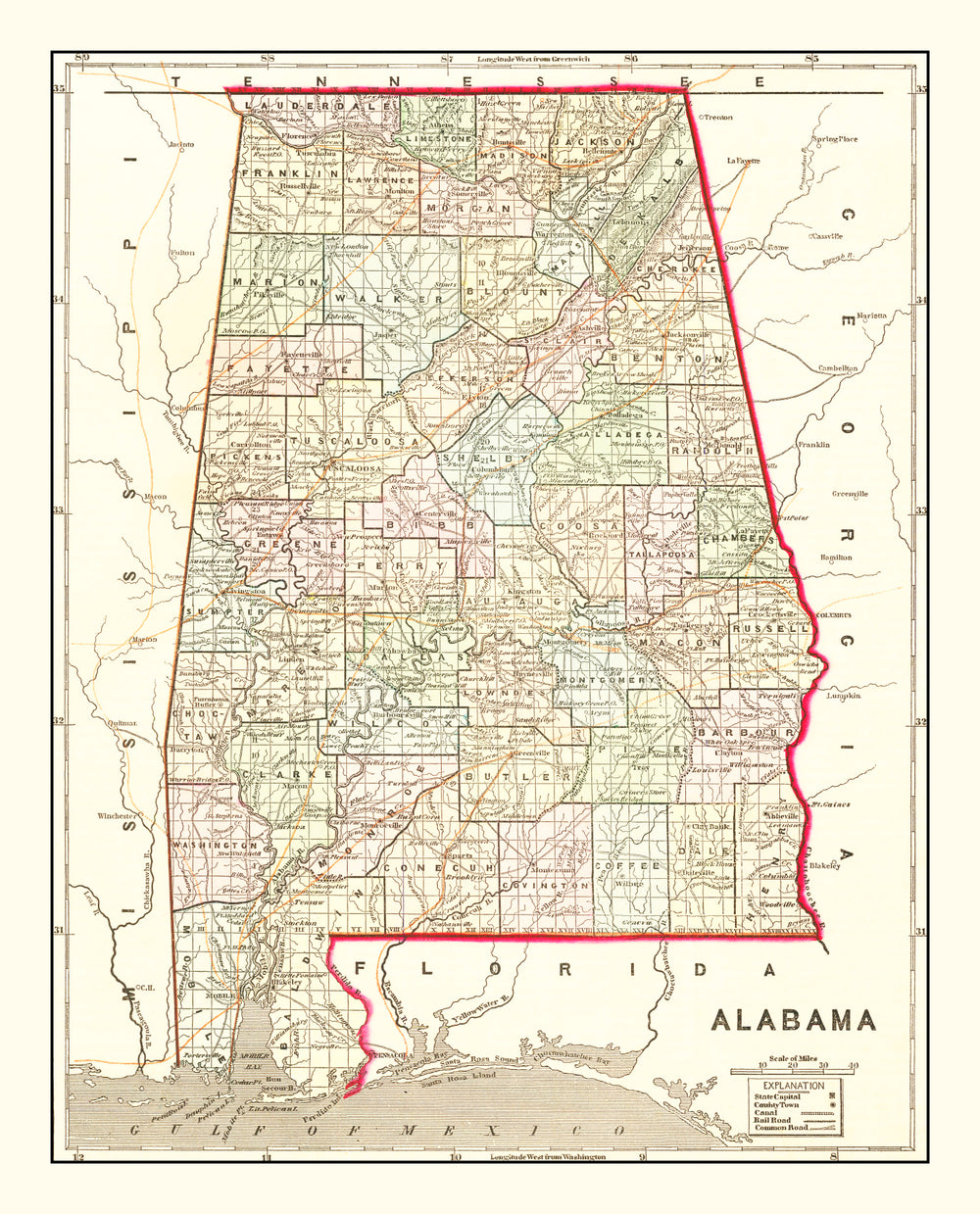 Vintage Map of Alabama 1856 print style example