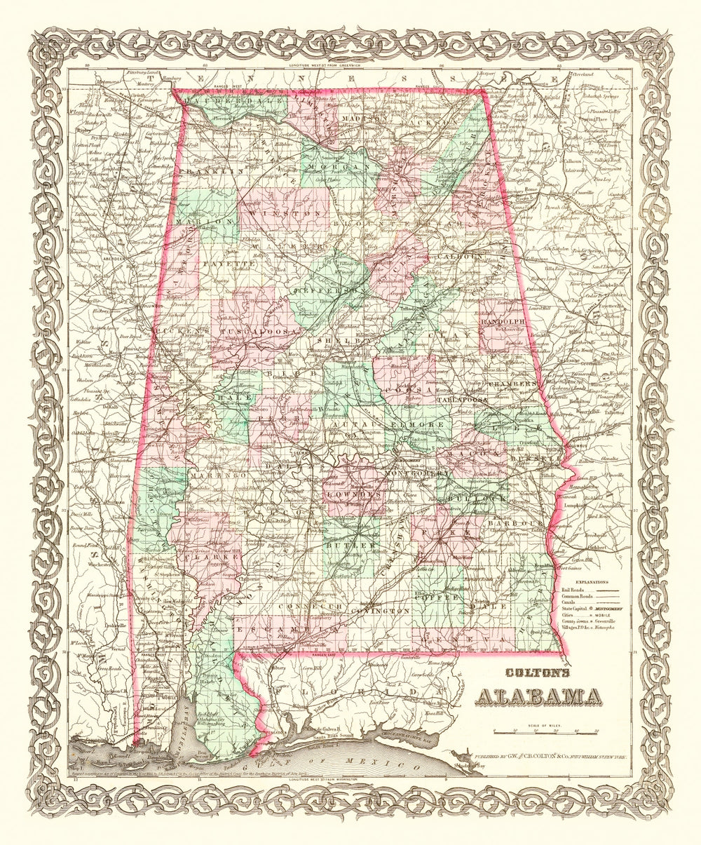 Vintage Map of Alabama 1871 print style example