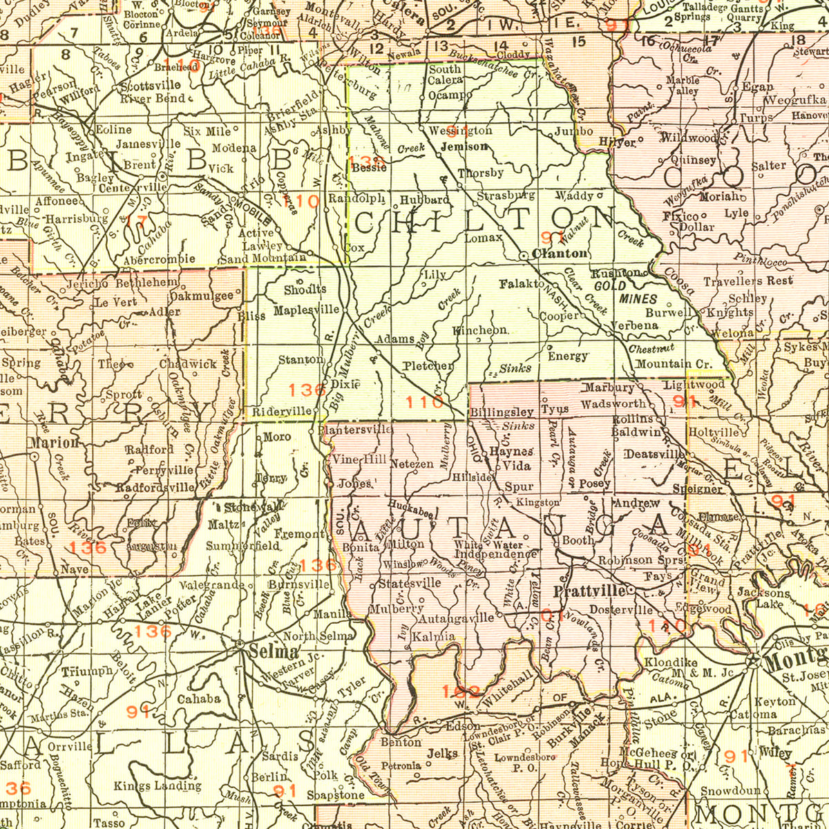 Restored historic details from the 1917 state map of County, Alabama