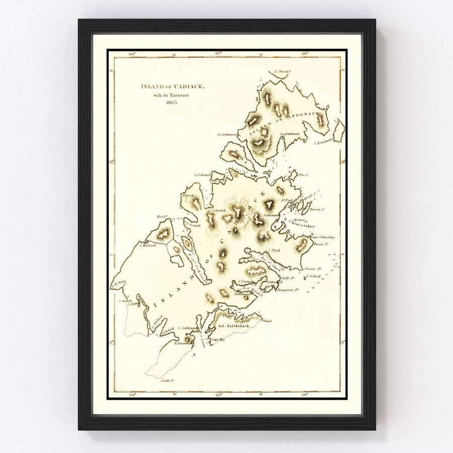 Vintage Map of Kodiak Island, AK 1805