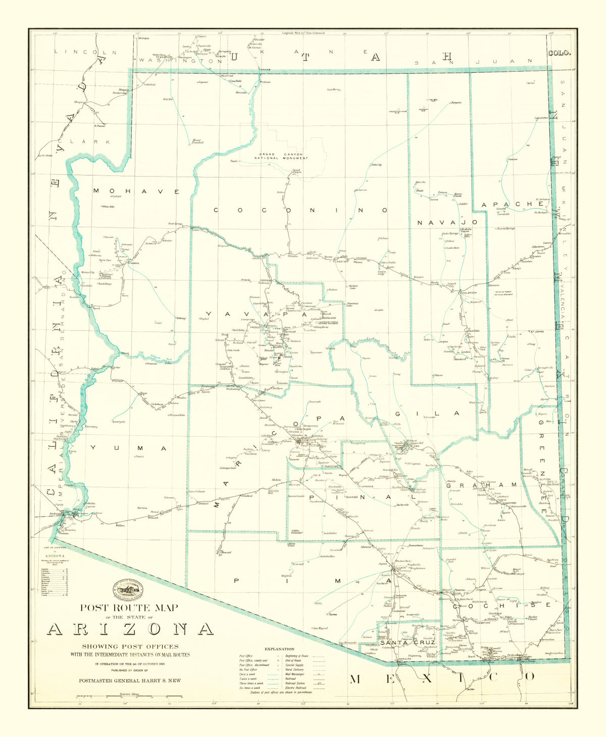 Preview of Vintage Arizona Post Route Map 1925