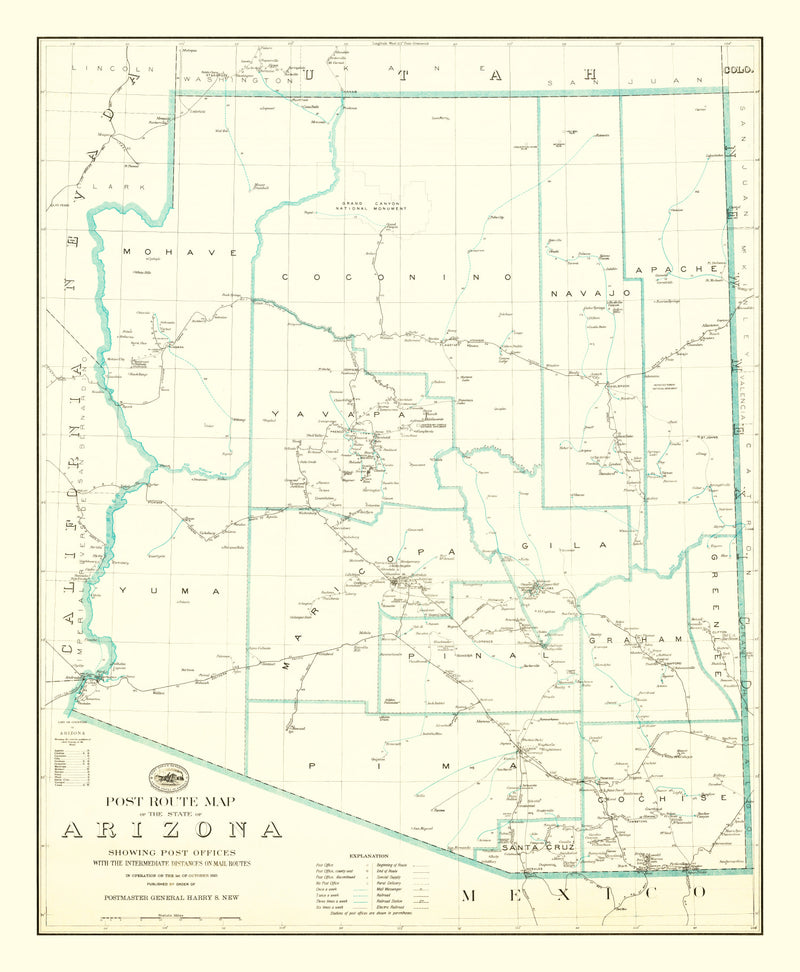 Size comparison using Vintage Arizona Post Route Map 1925