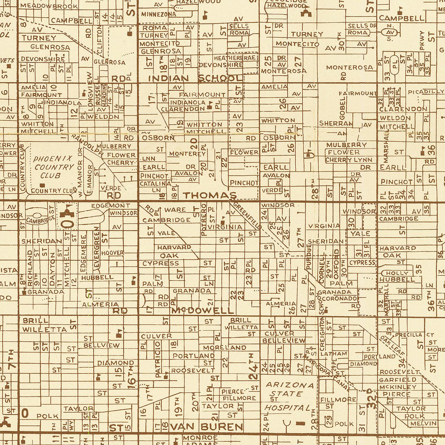 Restored historic details from the 1956 city map of Phoenix, Arizona