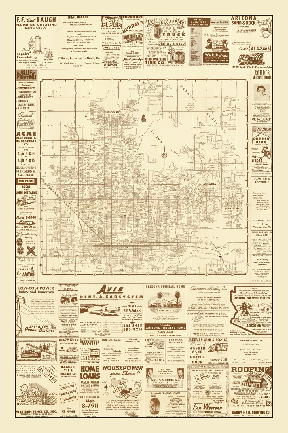 Vintage Map of Phoenix, Arizona 1956 print style example
