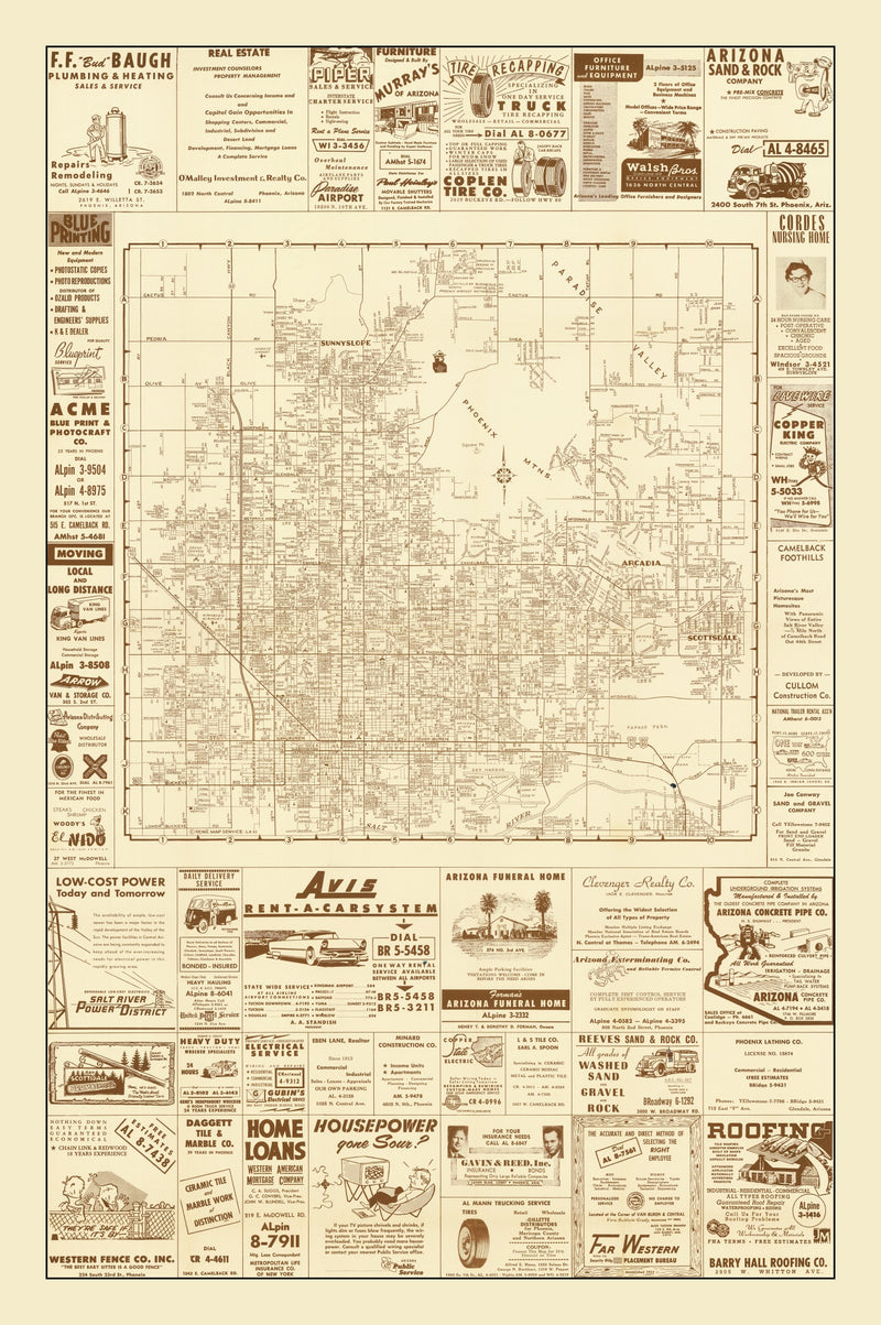 Size comparison using Vintage Map of Phoenix, Arizona 1956