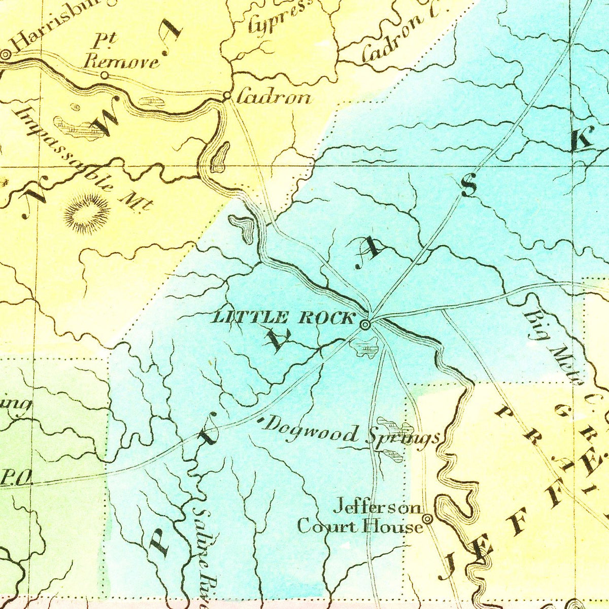Restored historic details from the 1836 state map of County, Arkansas