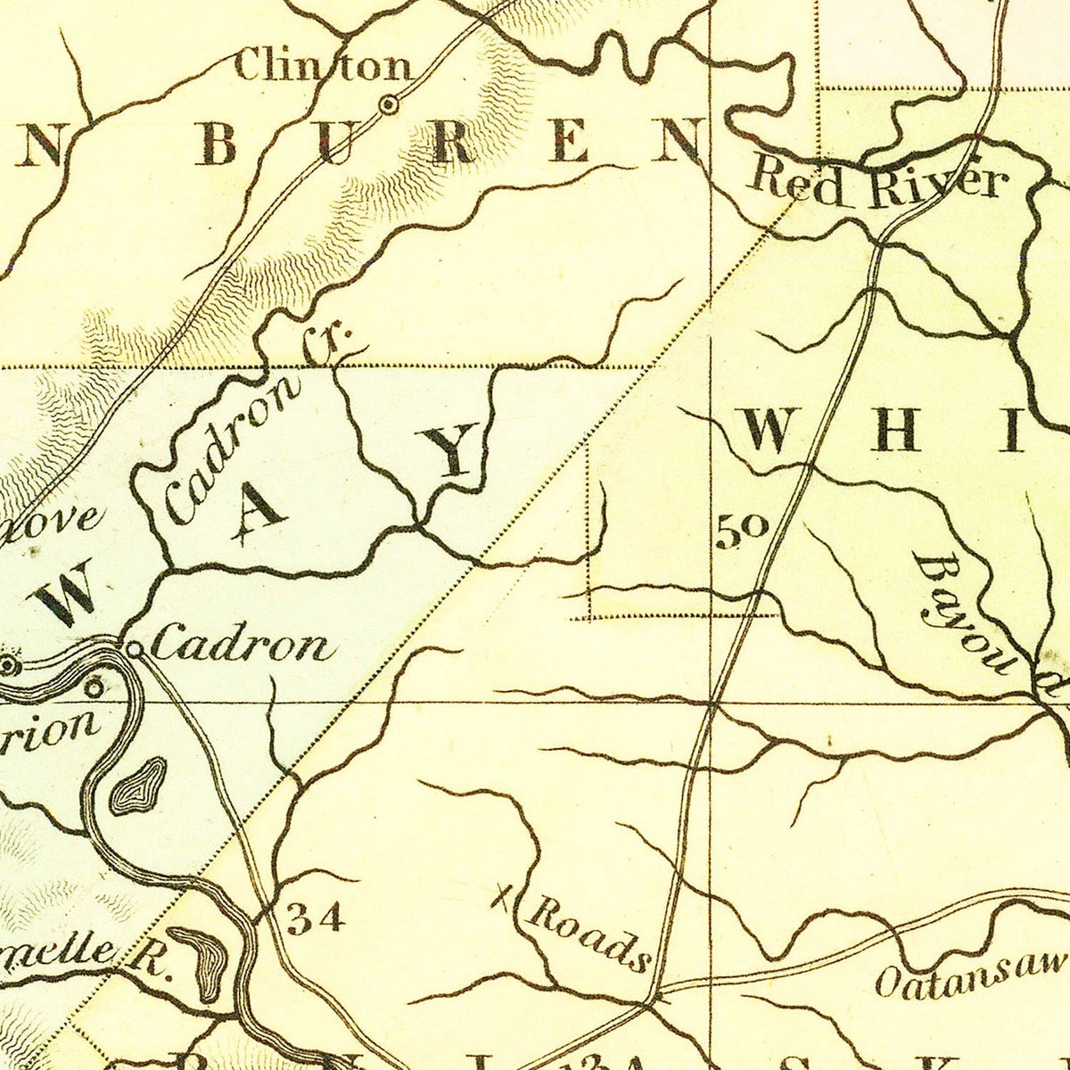 Restored historic details from the 1836 state map of County, Arkansas