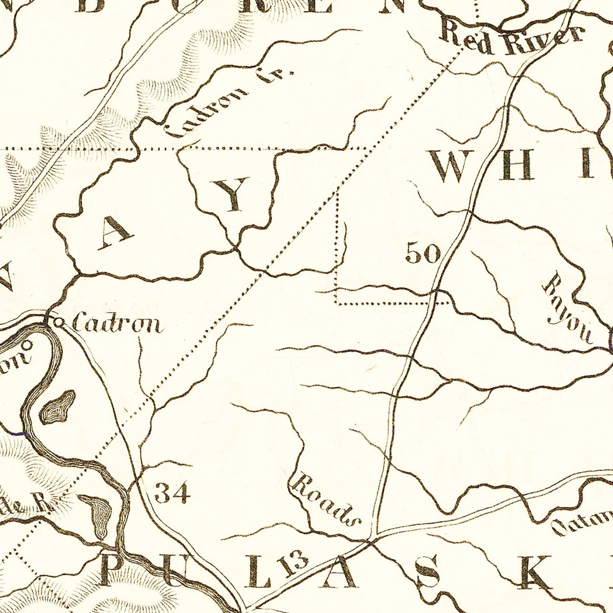Restored historic details from the 1845 state map of County, Arkansas