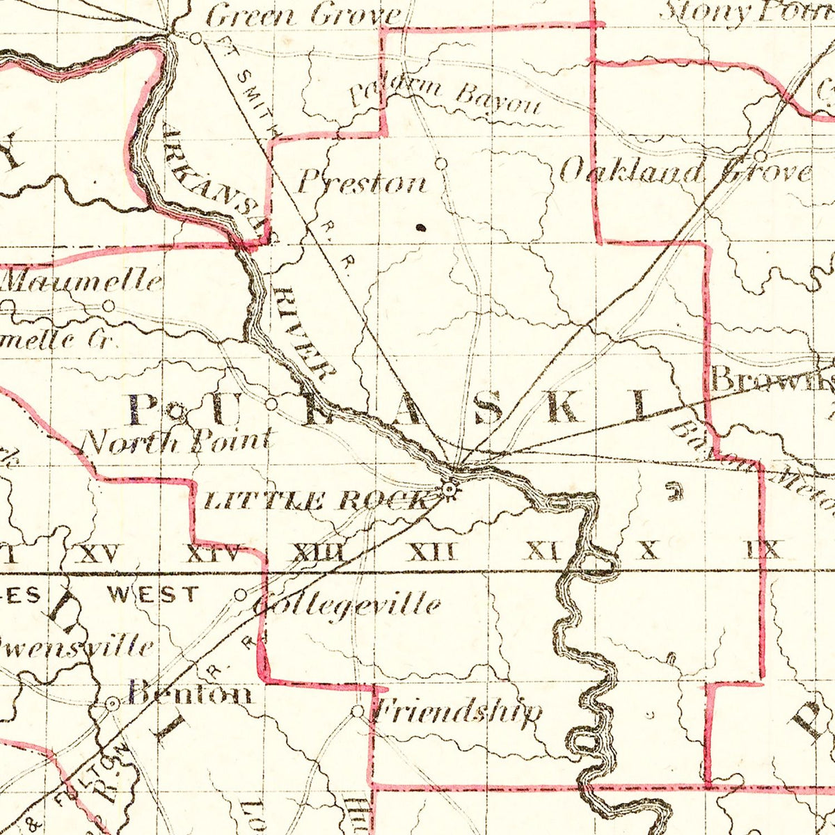 Restored historic details from the 1855 state map of County, Arkansas