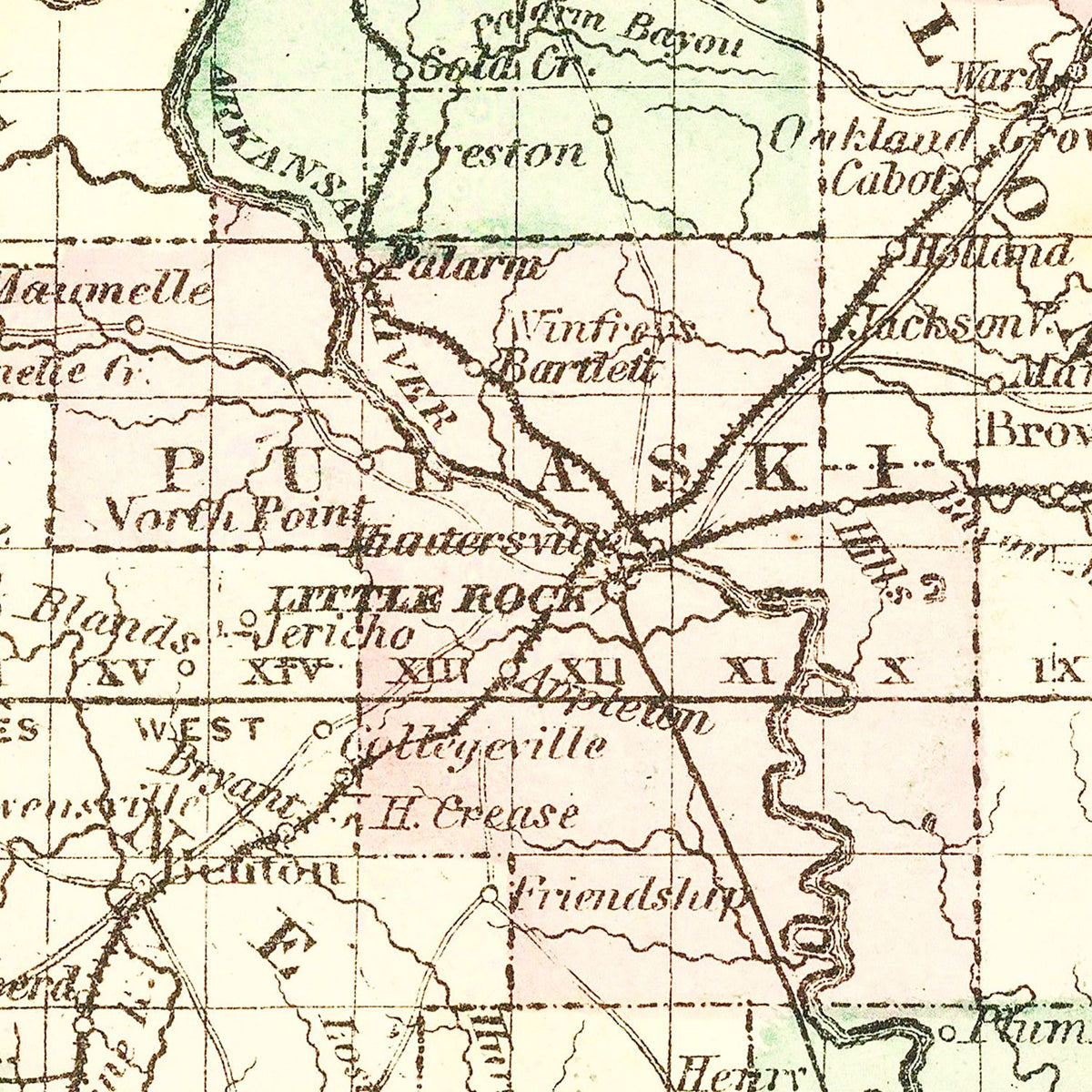 Restored historic details from the 1876 state map of County, Arkansas