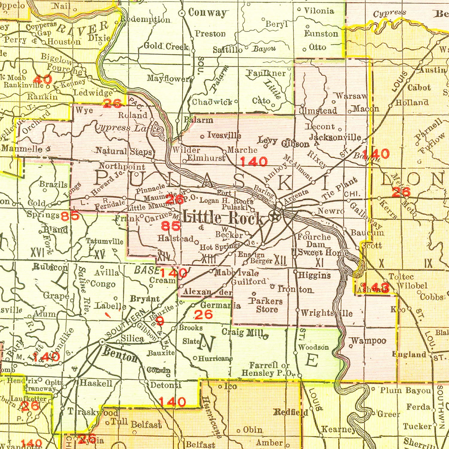 Restored historic details from the 1917 state map of County, Arkansas