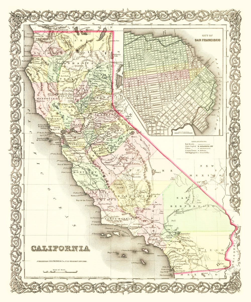 Vintage Map of California 1855 print style example