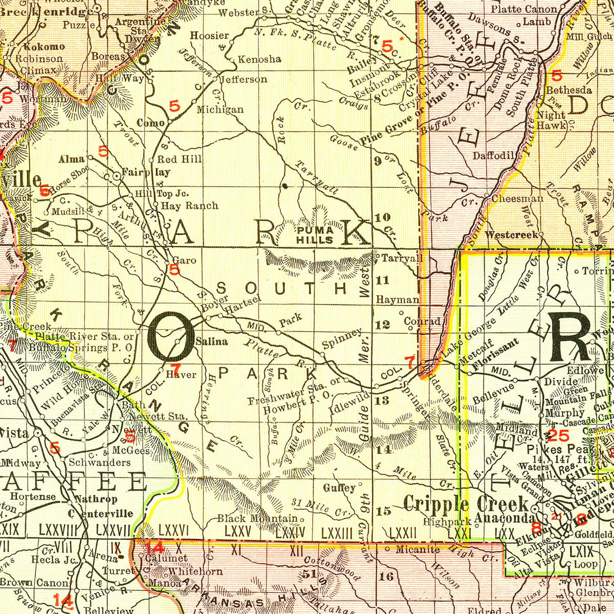 Restored historic details from the 1908 state map of County, Colorado