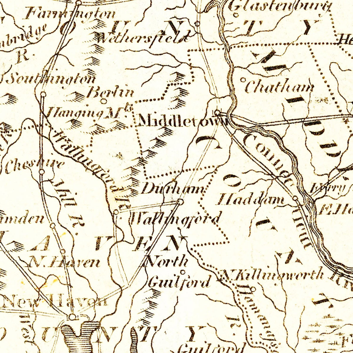 Restored historic details from the 1814 state map of County, Connecticut