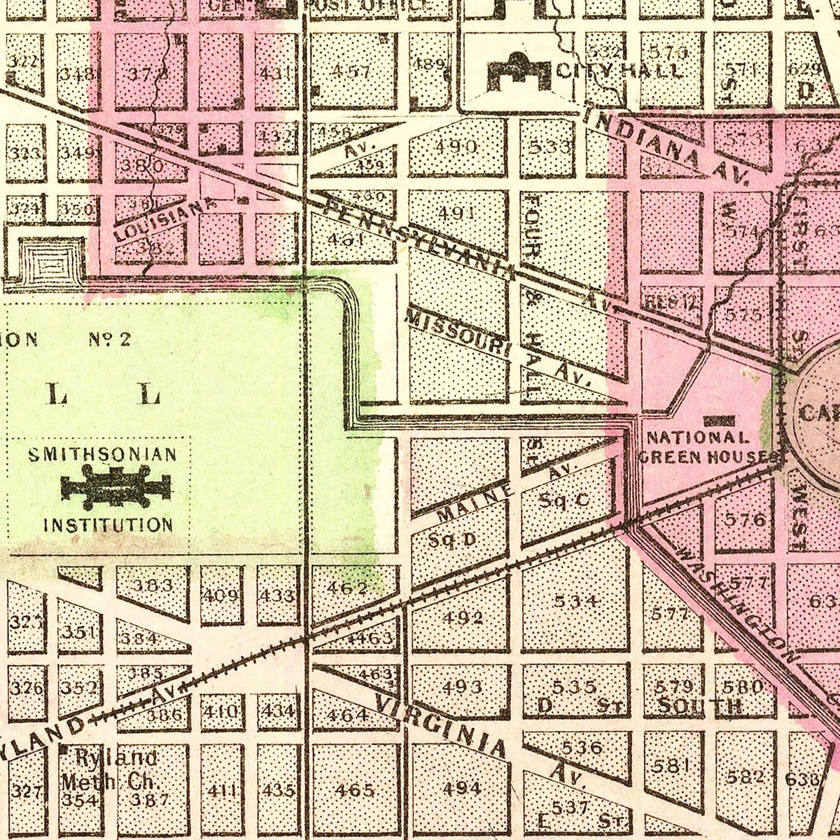 Restored historic details from the 1866 city map of Washington, DC