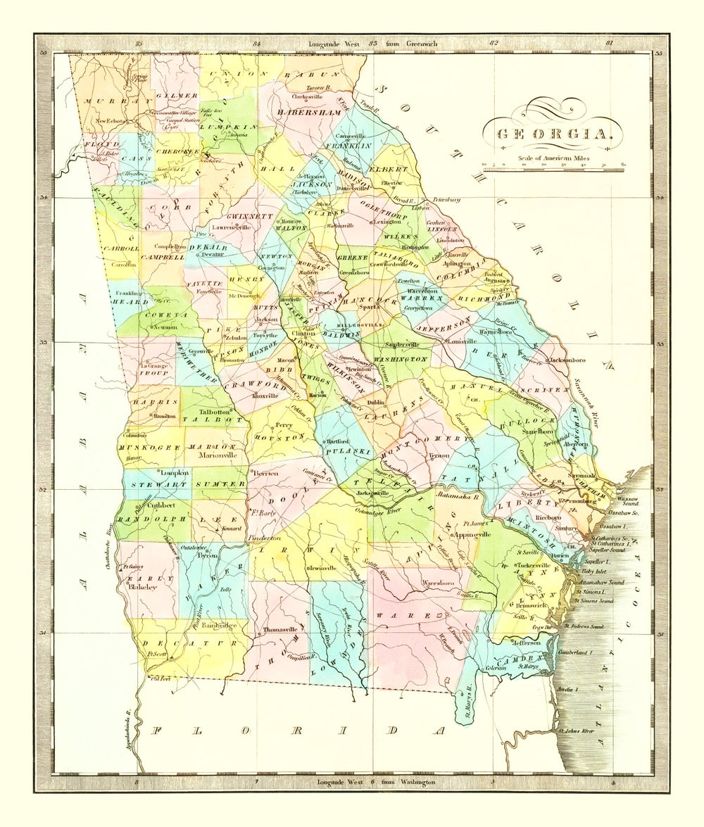 Vintage Map of Georgia 1834 print style example