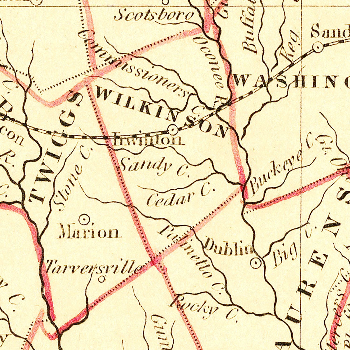 Restored historic details from the 1835 state map of County, Georgia
