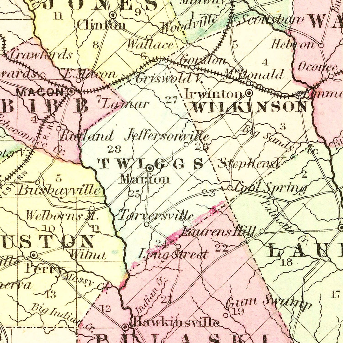 Restored historic details from the 1855 state map of County, Georgia