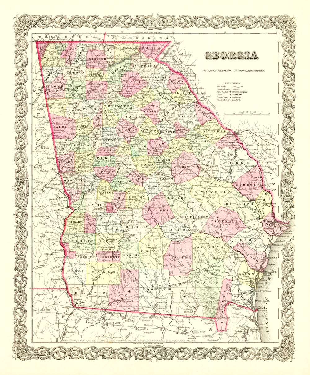 Vintage Map of Georgia 1855 print style example