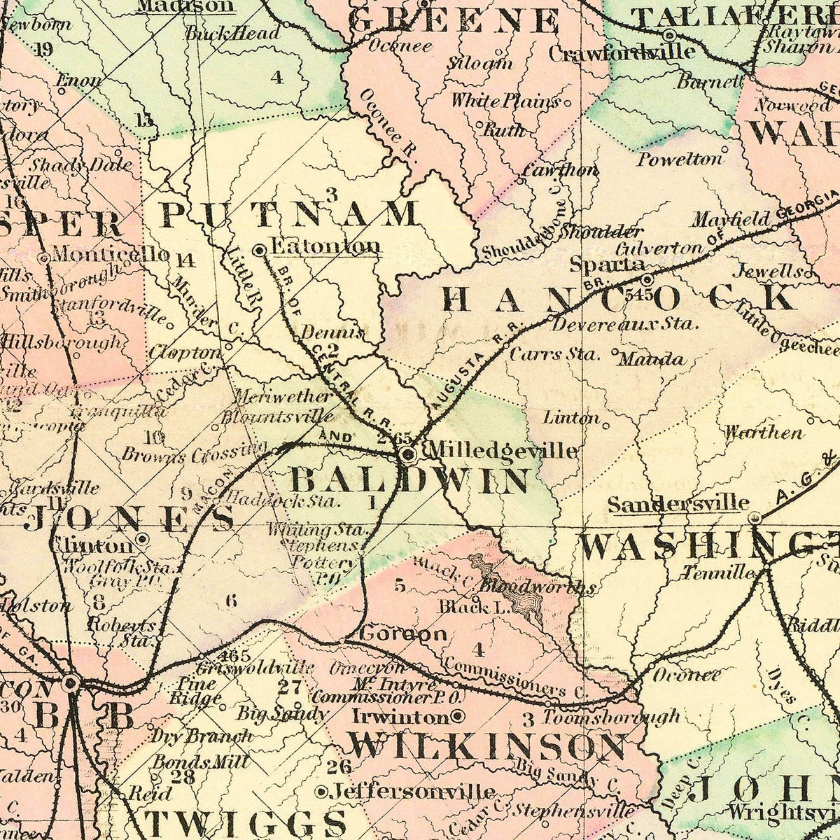 Restored historic details from the 1876 state map of County, Georgia